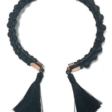 Black Lava Beads Tassel Necklace